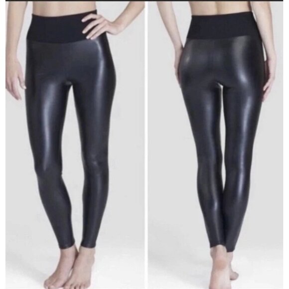 Assets By Spanx Leggings Women's Large All Over Faux Leather High Waist Black - Picture 1 of 12